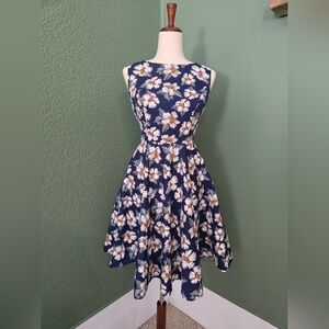 1950s Inspired Grace Karin Sleevless Floral Boat Neck Cotton Midi Dress